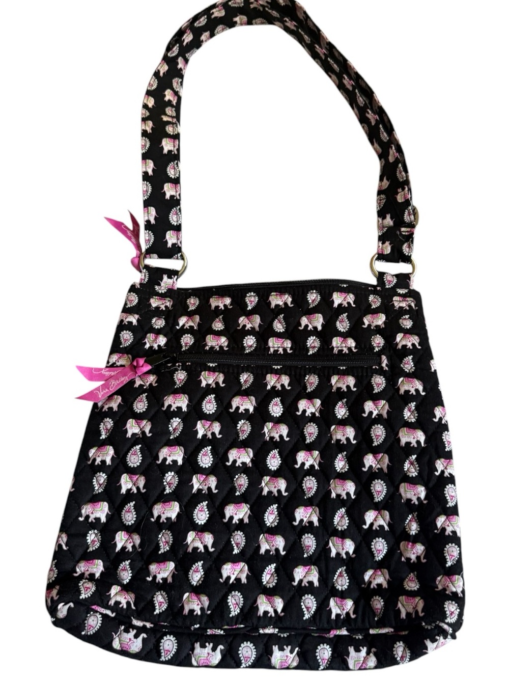 Vera Bradley Black Quilted Shoulder Bag with Pink Elephant Print